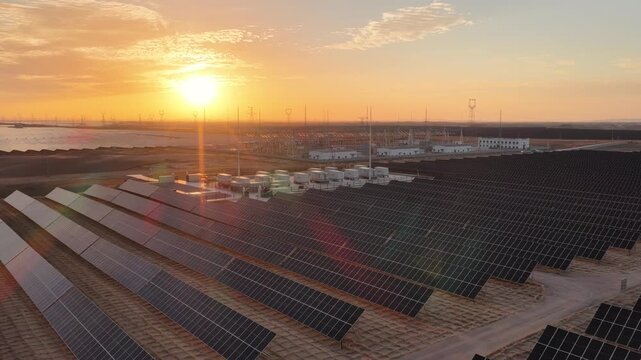 Aerial View of Utility-Scale Solar Farm with Battery Energy Storage System in Arid Desert