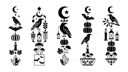 Obraz premium Halloween Symbols Collection: A set of five black silhouette graphic elements featuring gothic Halloween motifs like crows, bats, pumpkins, moons, mushrooms, lanterns, and crystals.