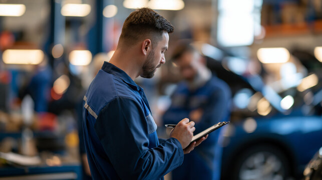 rear view of a male supervisor engineer giving a specialist lecture to mechanic worker staff teams in a bright car service garage, backs to camera, automotive repair and