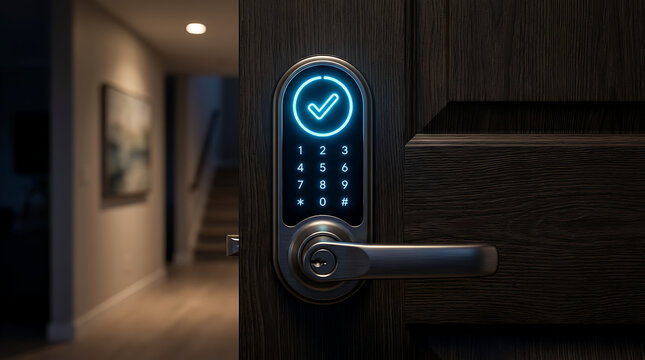 Modern smart door lock with keypad and biometric sensor in a dimly lit hallway
