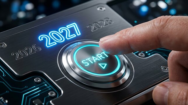 Finger pressing a glowing start button on a futuristic metal panel with the year 2027 displayed