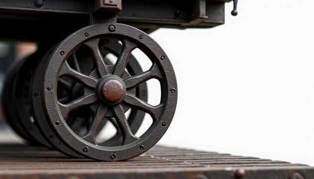 Train wheel close-up showing weathered steel wheel and axle on wooden platform, rust textures, bolted hub, flaking paint and shadowed undercarriage components,