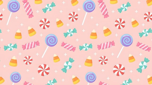 A festive halloween background featuring a seamless pattern of colorful candies lollipops and sweet treats on a soft pastel pink backdrop for holiday party designs