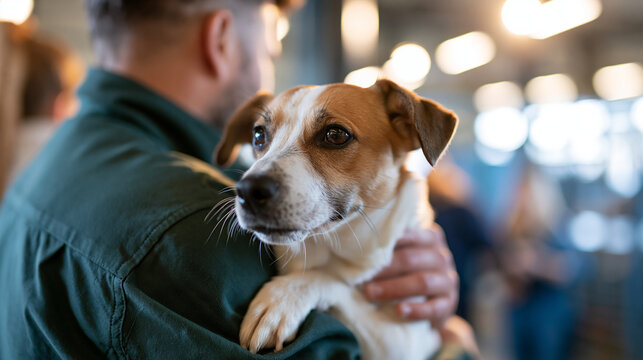 rear view of a male volunteer hugging a dog at a bright animal shelter, back to camera, companionship and care concept, rescue, adoption, community, bright, with copy space