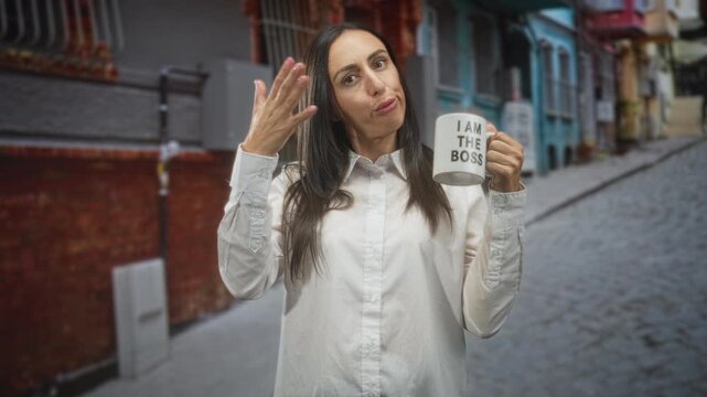 Hispanic woman holding a coffee cup and flicking hair with her hand on a cobblestone street; confidence assertiveness.