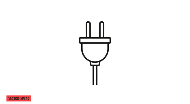 Minimalist electric plug icon, simple line art, isolated on white background