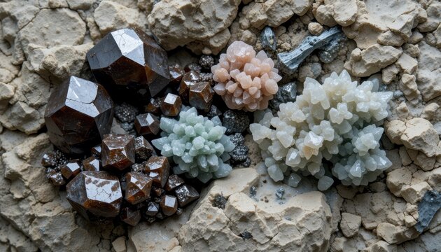 Collection of varied crystals and minerals on a coarse surface showcasing natural formations and earthy tones, AI generated