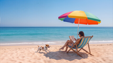 Fototapeta premium Woman reading book while relaxing on deck chair under colorful beach umbrella. Small dog playing on sandy shore during sunny summer day at tropical resort.