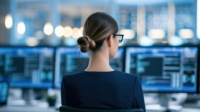 Female software engineer from behind monitoring computer screen in modern office
