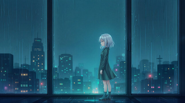 Solitary Anime Girl Observing a Rainy Teal Cityscape Through a High-Rise Glass Window