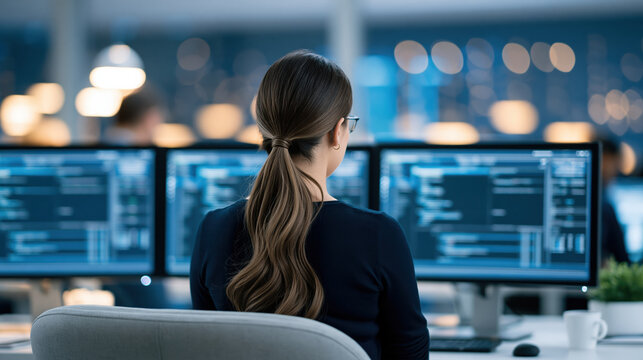 Female software engineer monitoring code on multiple computer monitor in modern office