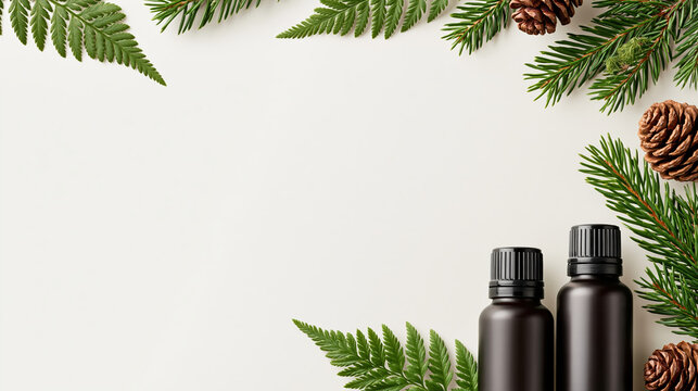 Fir leaf pine cone brown bottle essential oil herbal spa natural background green leaf copy space
