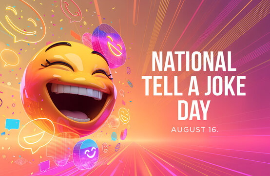 Bright laughing emoji surrounded by colorful floating symbols and speech bubbles promoting National Tell a Joke Day August 16 vibrant cheerful celebration artwork generated ai