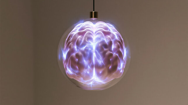 Holographic artificial intelligence brain in glass sphere, glowing purple brain pendant lamp