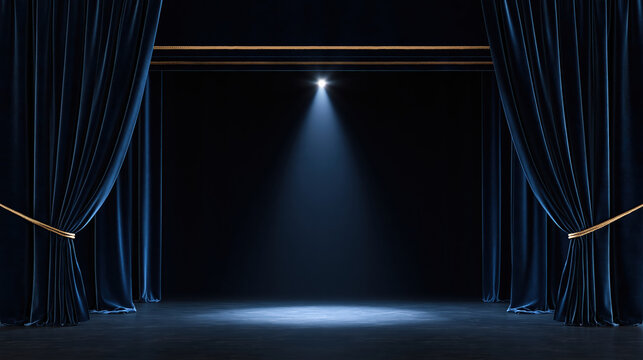 Luxury stage with blue velvet curtain and spotlight, dark theater scene