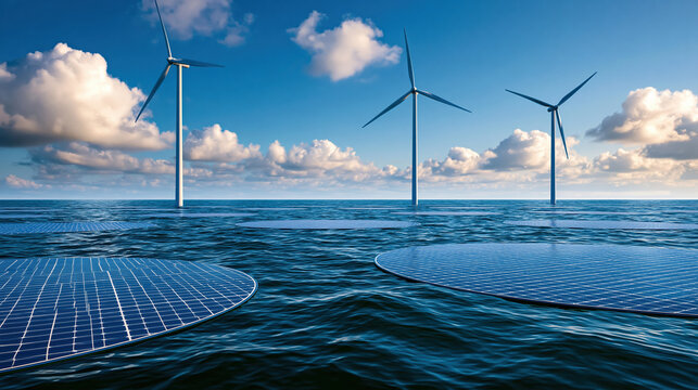 Offshore wind turbine and floating solar panel on ocean horizon for renewable energy