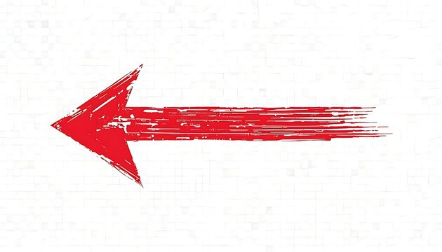 Thick red hand drawn arrow pointing left with slightly curved shaft and broad triangular head, sketch style dynamic brushstroke texture on transparent checkered background