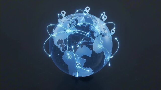 Rotating digital blue globe with holographic network lines and location pins, global business trade animation