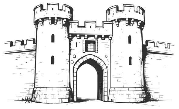 Medieval castle entrance with twin round towers and arched gateway, historic fortress architectural drawing