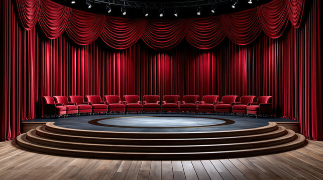 Red curtain stage with circular platform and red chair for glamorous award ceremony