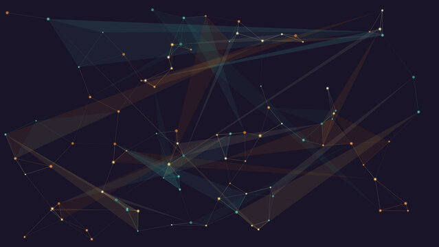 Digital network connection node diagram features dark background with glowing orange and teal points for technology apps.