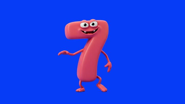 Playful pink 3D cartoon number 7 character with eyes, smiling mouth, and limbs standing against a solid blue screen background. Ideal for children's math videos, counting tutorials, educational channe