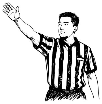 Sports referee signaling with raised arm in striped uniform, officiating a game