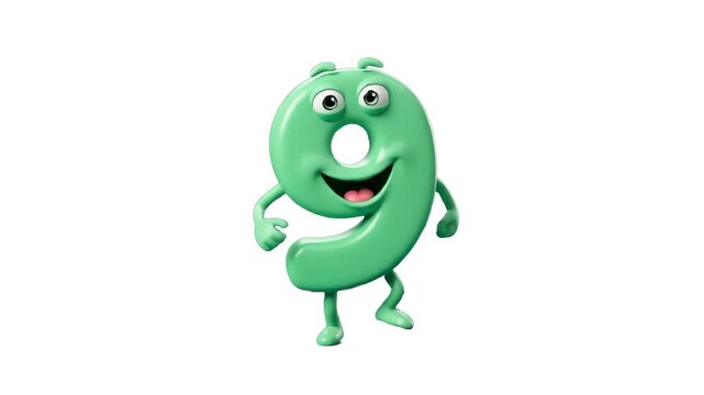 A detailed 3D model of the green number nine designed as a cheerful animated character running happily, isolated against a solid white studio backdrop. Great for birthday celebration promos, countdown