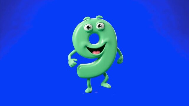 A detailed 3D model of the green number nine designed as a cheerful animated character running happily, isolated against a solid blue studio backdrop. Designed for birthday celebration promos, countdo