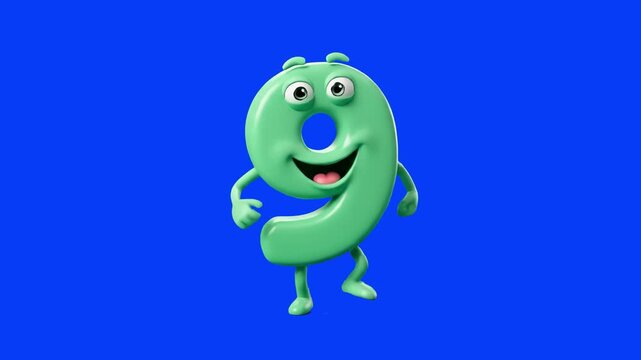 A charming 3D rendered character of the math number nine in a bright green hue, featuring a wide joyful smile and a lively standing pose, isolated against a solid blue backdrop. Perfect for elementary