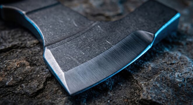 Close up of a sharpened axe blade resting on rough tree bark textures showing metal craftsmanship and rugged wilderness survival equipment
