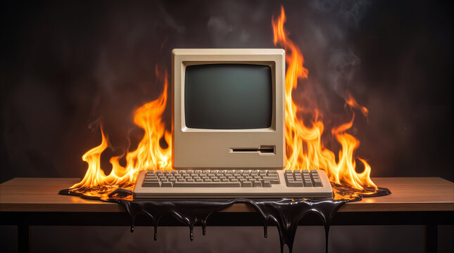 Obsolete computer burning on wooden desk. Vintage workstation engulfed in flames and melting into black liquid. Hardware failure and data loss concept.
