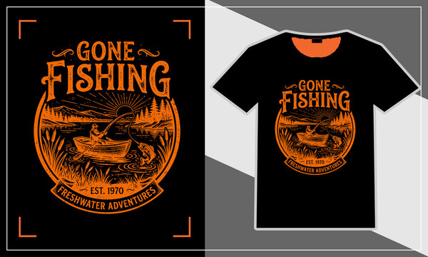Gone fishing vintage style black t-shirt with orange and brown retro fishing illustration
