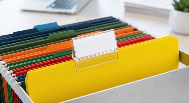 Colorful Hanging File Folders With Clear Blank Label Tab For Professional Office Document Organization And Paper Management System In Modern Workspace