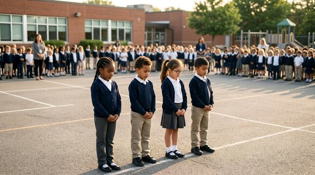 School children standing in formation during outdoor assembly