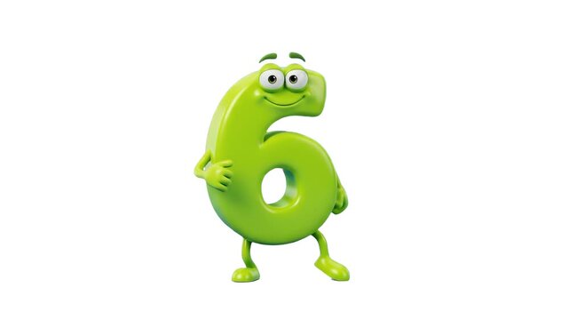 A friendly 3D lime green number six cartoon character with eyes, a big smile, and small limbs standing on an isolated white background. Ideal for children's educational content, math learning videos, 