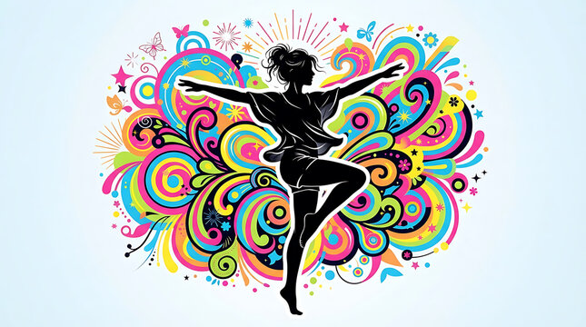 Silhouette woman dancing against vibrant colorful abstract swirling shapes and patterns background