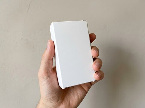 Hand holding a blank white rectangular product packaging box for minimalist design mockups