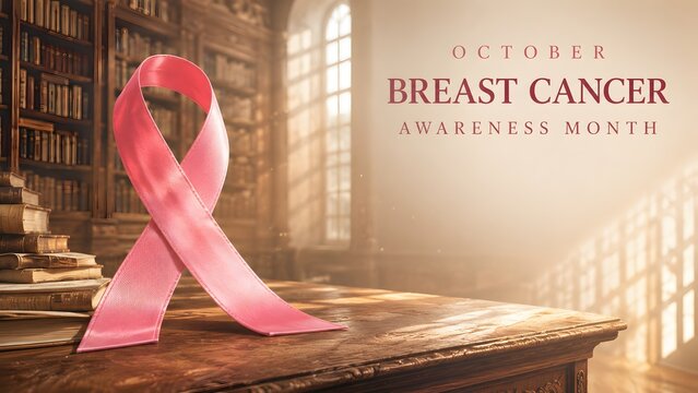 A pink awareness ribbon standing on a wooden table in a library setting for national breast cancer awareness month
