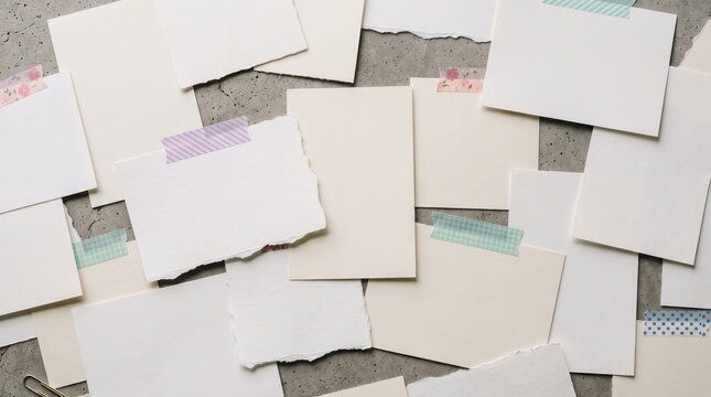 Creative Flat Lay Composition Featuring Blank Torn Paper Fragments Decorated With Colorful Washi Tape Strips Against A Textured Gray Stone Backdrop