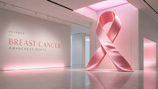 A large pink ribbon sculpture displayed in a modern gallery space representing breast cancer awareness and medical support initiatives