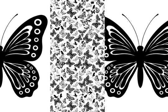 Black and white butterfly pattern illustration with decorative insects isolated on white background