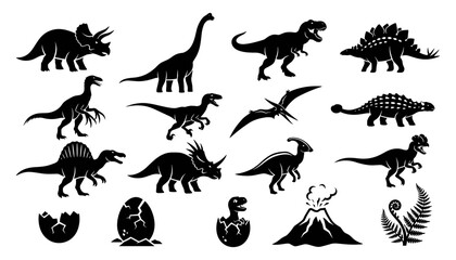 Dinosaurs Vector Silhouettes Set Featuring Various Prehistoric Species and Fossil Outlines in Black and White © Karima Khatun 