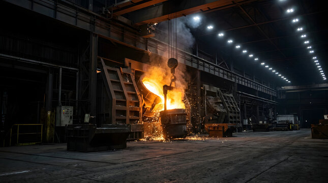 Molten metal steel plant foundry industrial furnace casting factory interior molten metal pouring from industrial furnace inside steel plant foundry, bright orange heat, spark and smoke