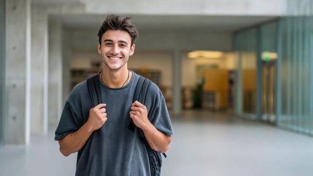 A smiling, confident young man with a backpack stands in a bright academic corridor. The concept of education, student life, adolescence