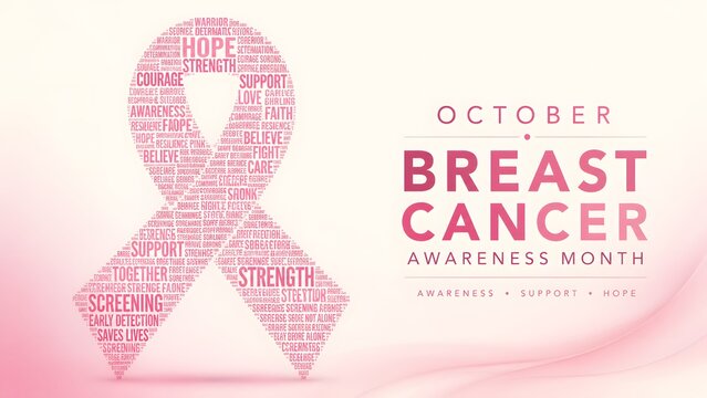 Pink ribbon word cloud design for october breast cancer awareness month with elegant typography and soft light background