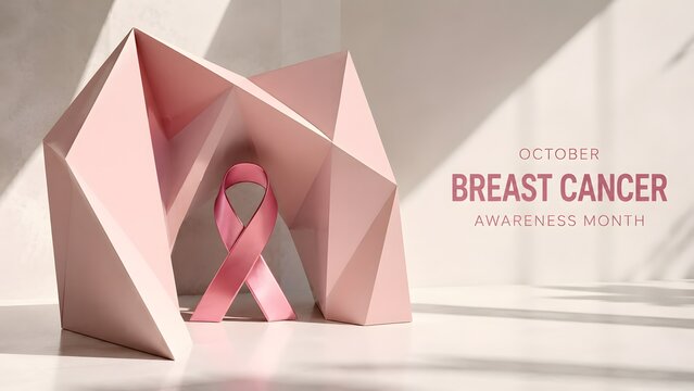 A pink breast cancer awareness ribbon standing inside a modern geometric structure on a bright white background studio setting