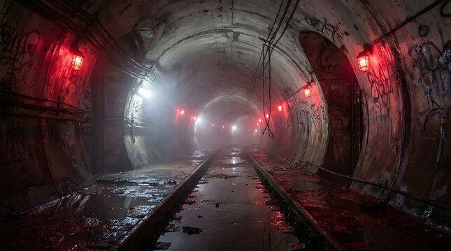 Abandoned underground subway tunnel featuring dark atmosphere red glowing lights and wet railway tracks.