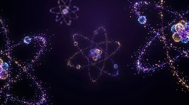 Abstract atom quantum particle science physics galaxy space energy sparkle scientific background with glowing atom shapes, swirling particle trails, cosmic dust, and neon light dark space