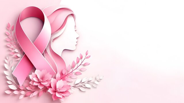 Pink ribbon symbol with a silhouette of a woman profile and floral elements for breast cancer awareness month campaign